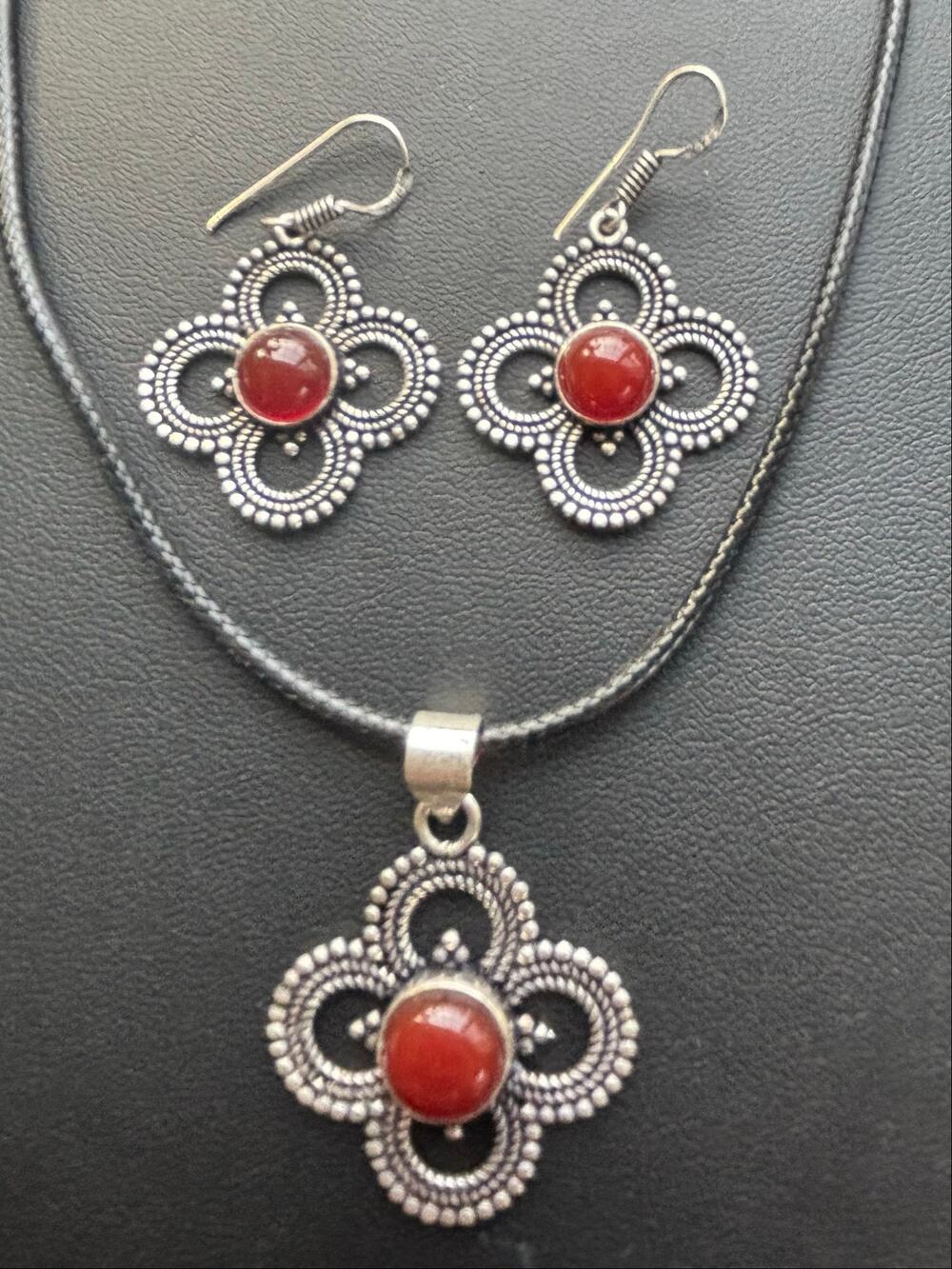 925 Sterling Carnelian Flower Pendant & Earring Set